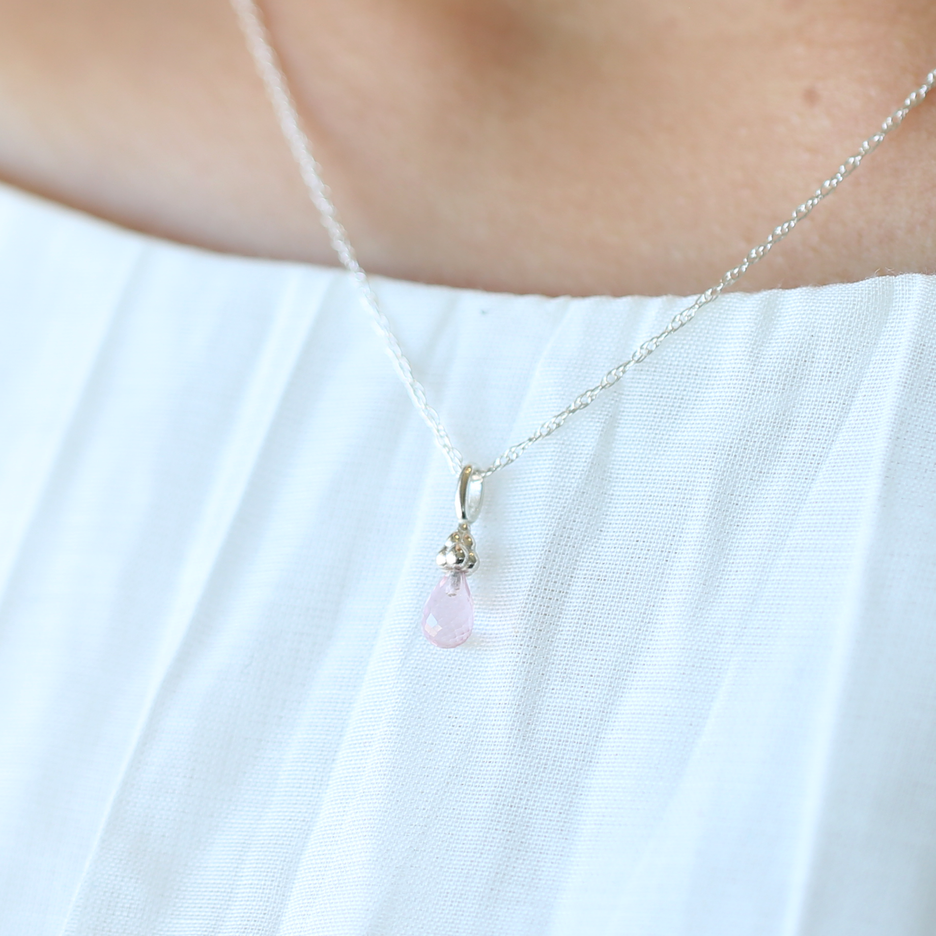Sterling Silver Rose Quartz Gemstone Raindrop Necklace