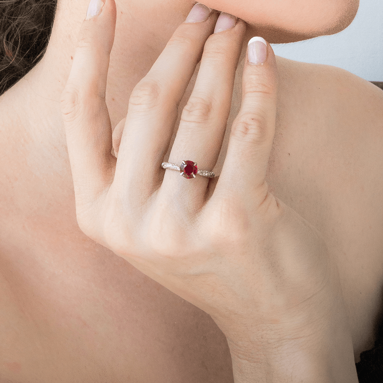 14K white gold ruby diamond engagment ring eternity ring designer wedding jewelry on model