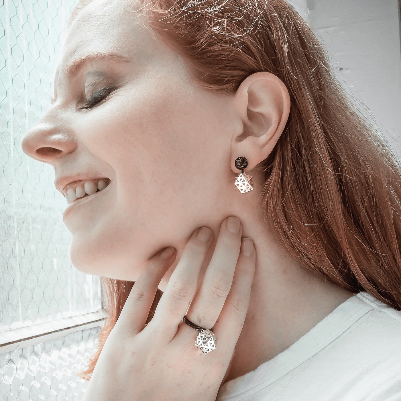 14K yellow gold earrings white gold rings rhodium fine jewelry on model