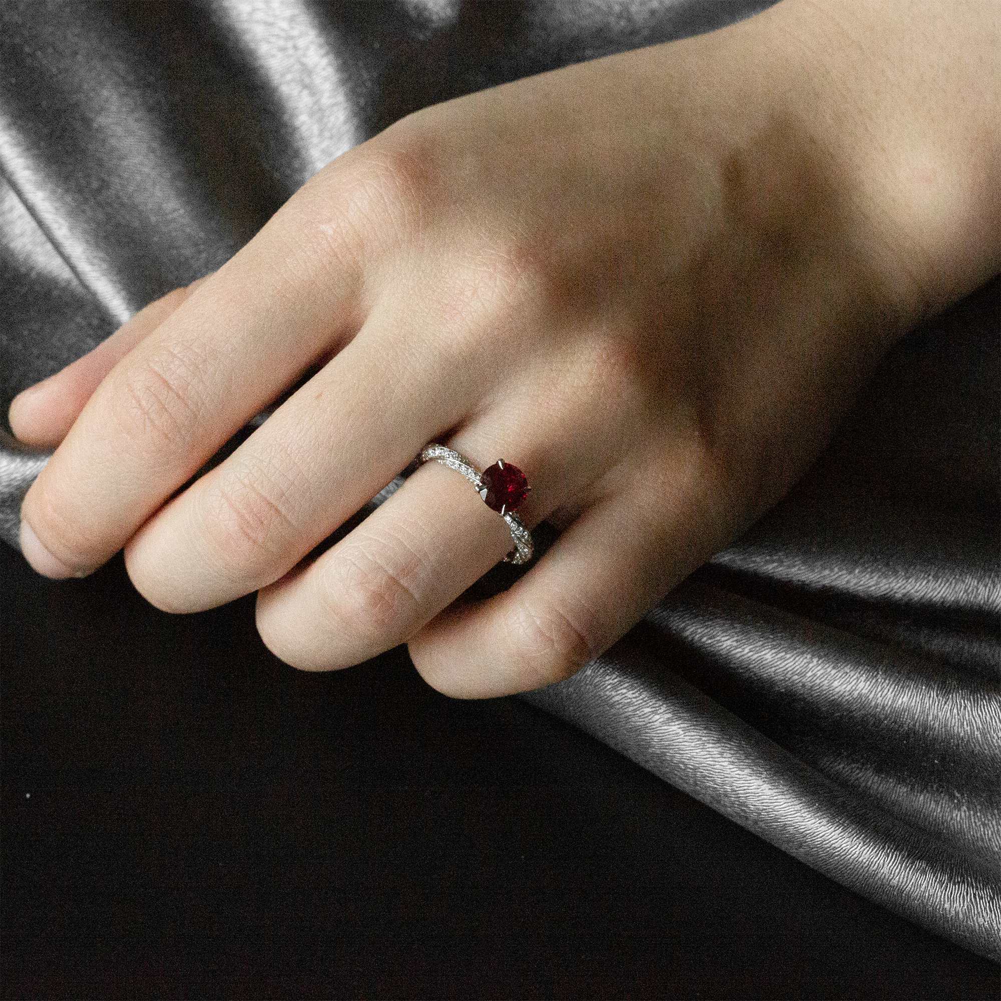 14K white gold ruby diamond engagment ring eternity ring designer wedding jewelry on model